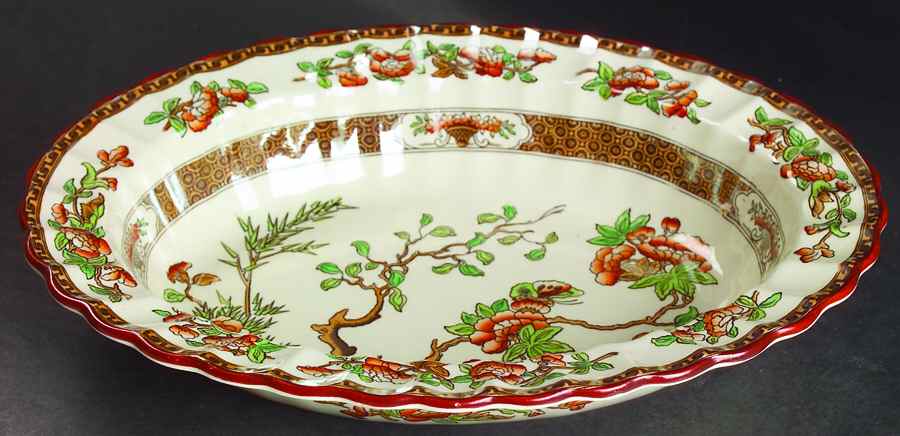 Indian Tree (Orange Rust, Green, Scallop, Red Trim) 10" Oval Vegetable Bowl by Spode-1