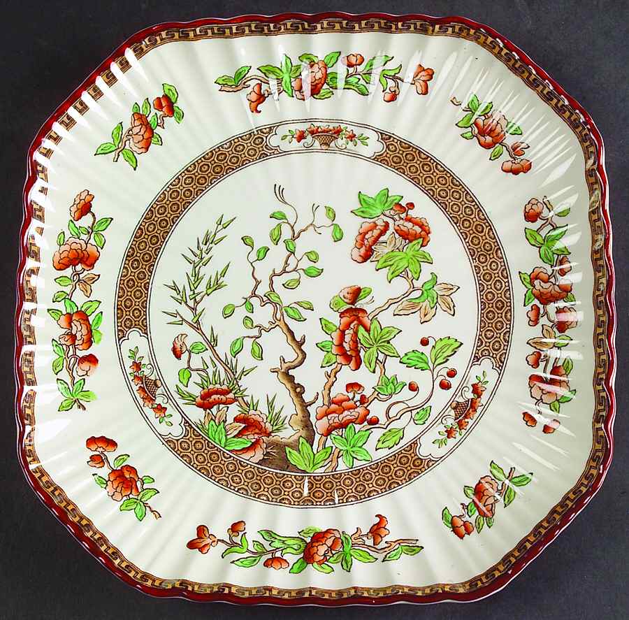 Indian Tree (Orange Rust, Green, Scallop, Red Trim) Square Salad Plate by Spode-1
