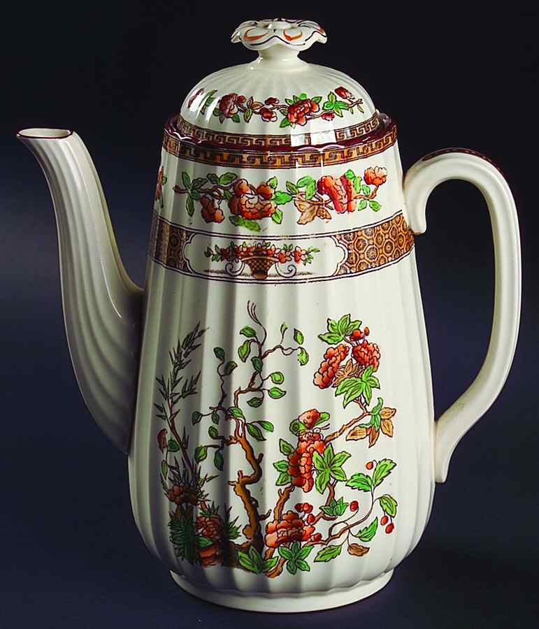 Indian Tree (Orange Rust, Green, Scallop, Red Trim) Coffee Pot & Lid by Spode-1