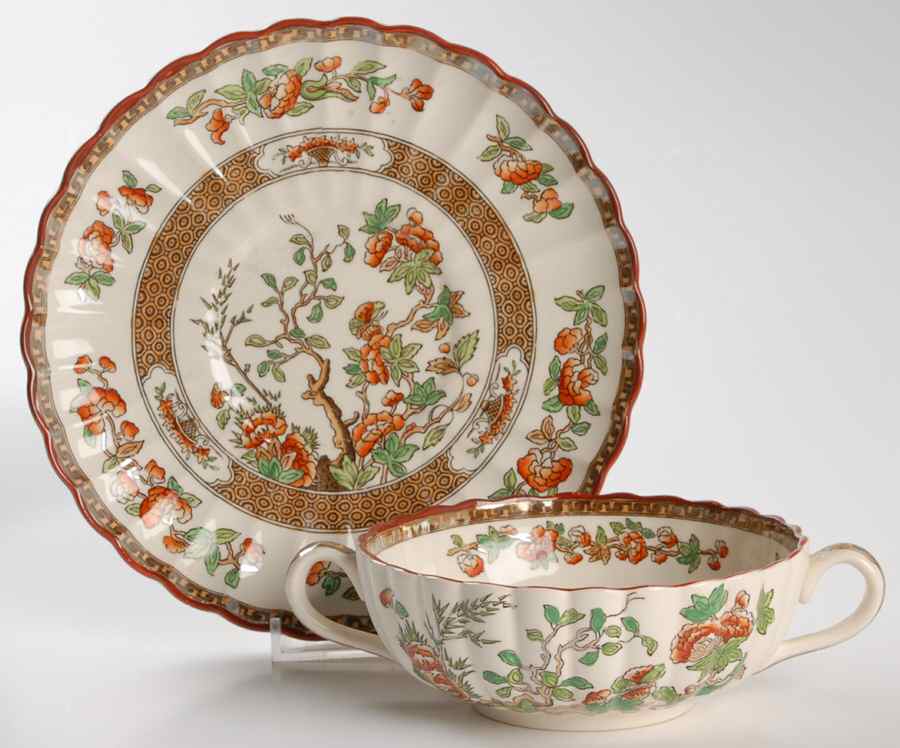 Indian Tree (Orange Rust, Green, Scallop, Red Trim) Flat Cream Soup Bowl & Saucer Set by Spode-1