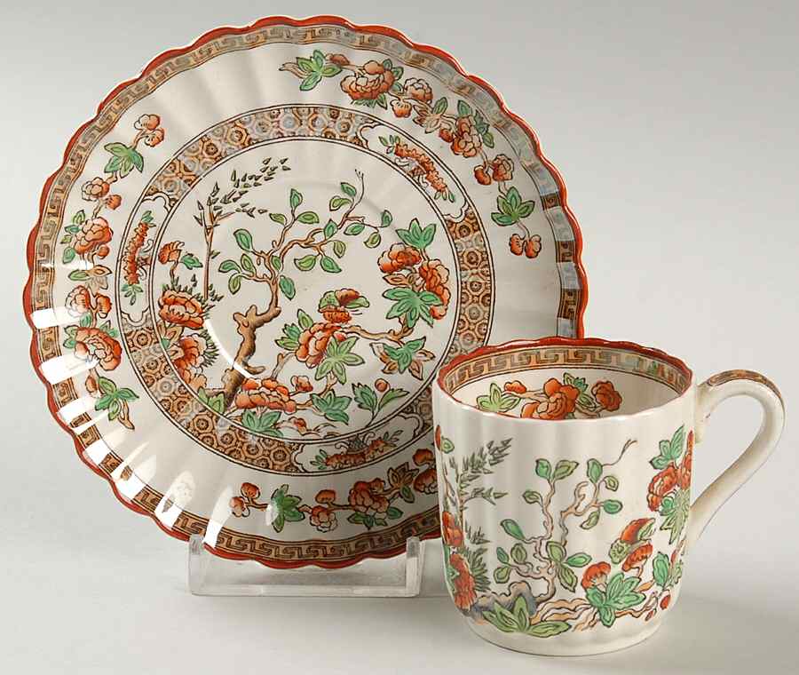 Indian Tree (Orange Rust, Green, Scallop, Red Trim) Flat Demitasse Cup & Saucer Set by Spode-1