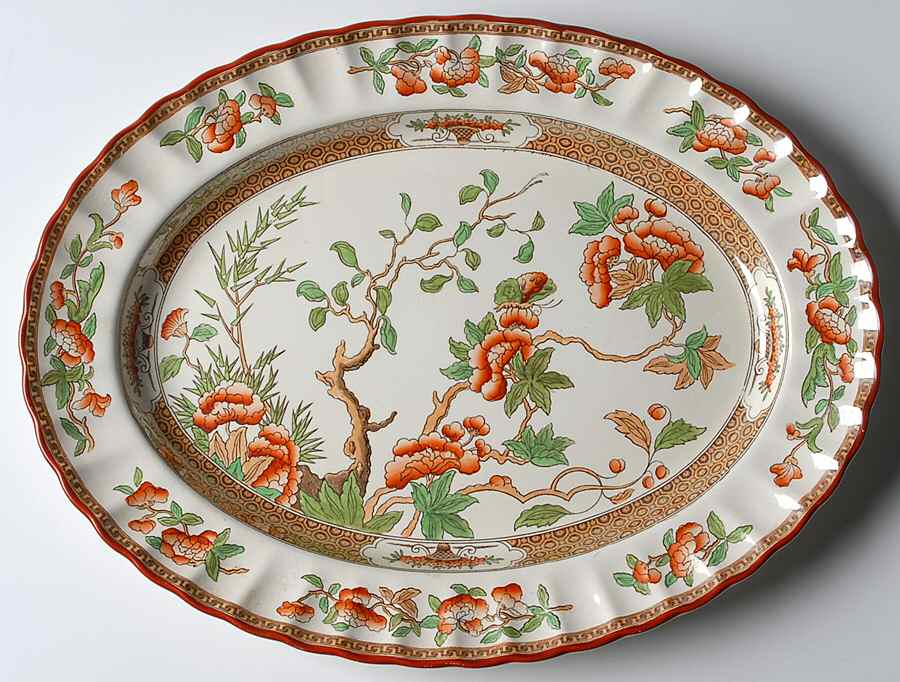 Indian Tree (Orange Rust, Green, Scallop, Red Trim) 15" Oval Serving Platter by Spode-1