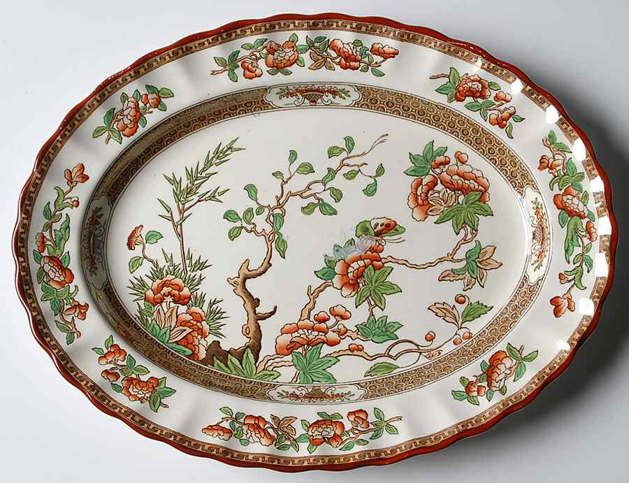 Indian Tree (Orange Rust, Green, Scallop, Red Trim) 11" Oval Serving Platter by Spode-1