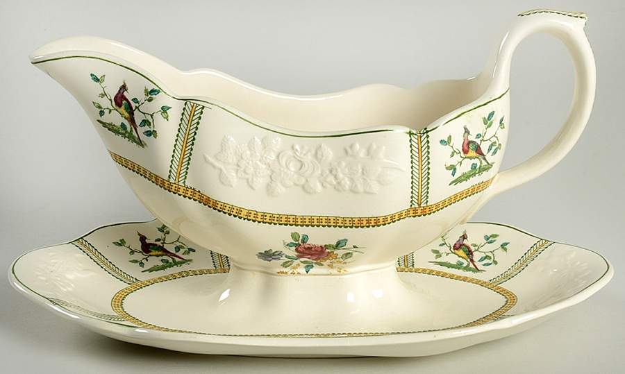 June (Green & Yellow, Embossed) Gravy Boat with Attached Underplate by Spode-1