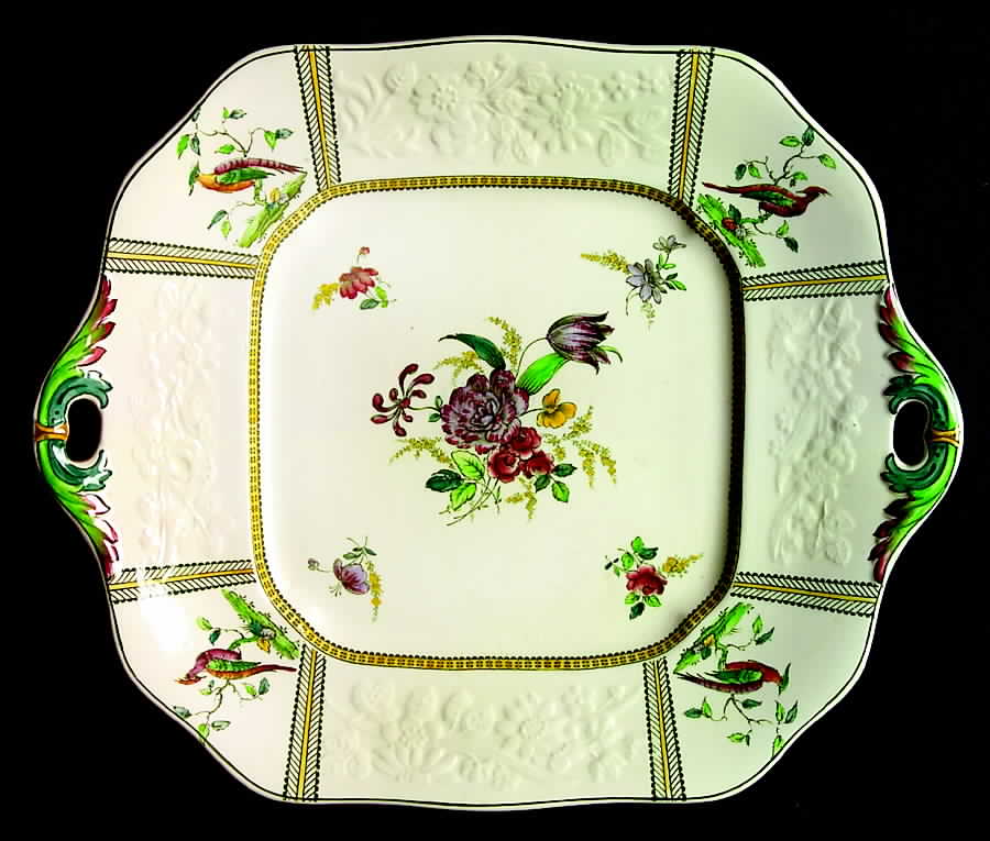 June (Green & Yellow, Embossed) Square Handled Cake Plate by Spode-1