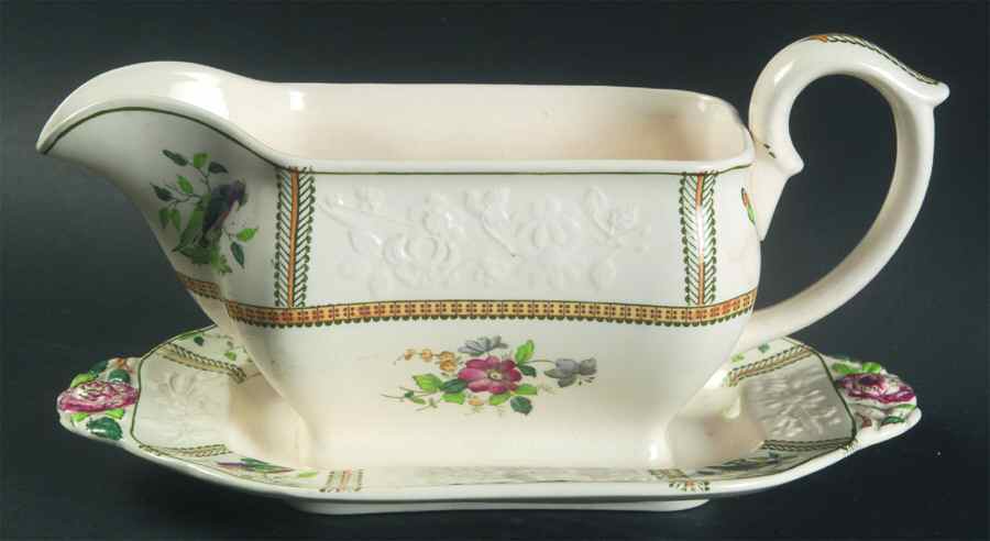 June (Green & Yellow, Embossed) Gravy Boat with Attached Underplate by Spode-1