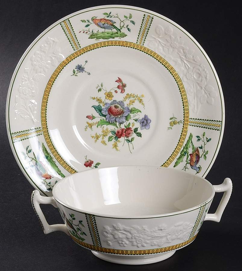 June (Green & Yellow, Embossed) Footed Cream Soup Bowl & Saucer Set by Spode-1
