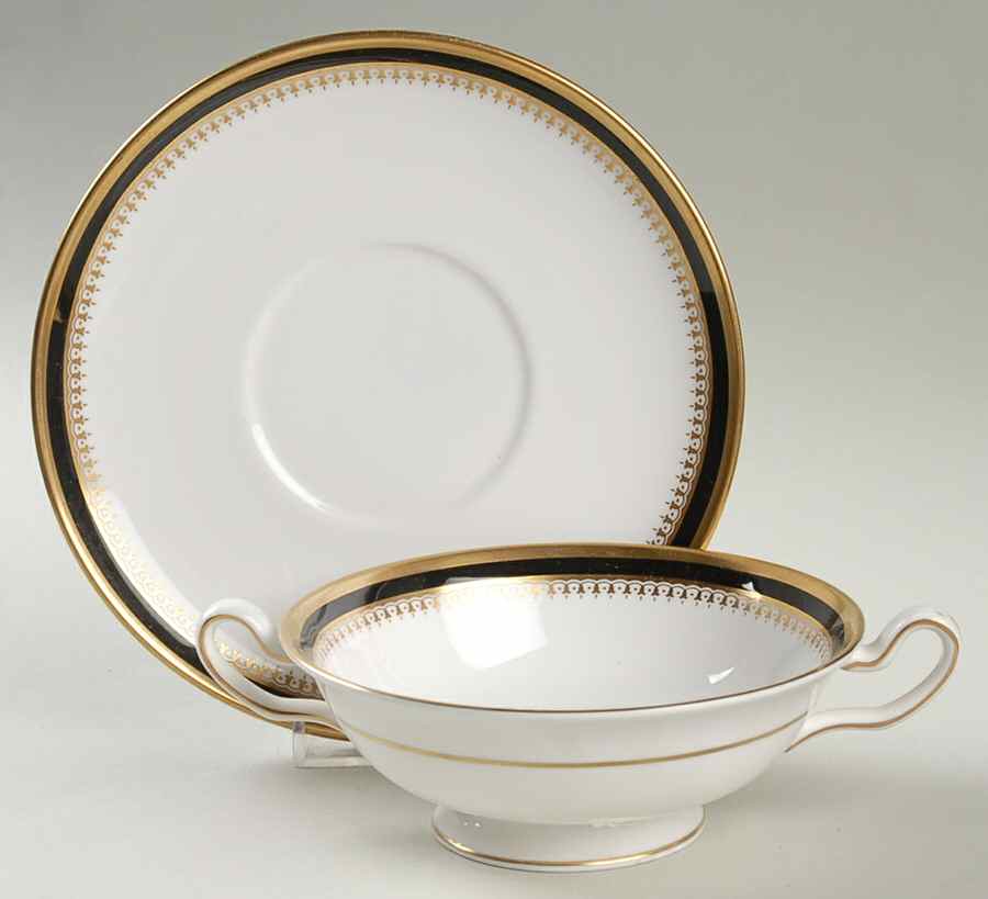 Knightsbridge Black Footed Cream Soup Bowl & Saucer Set by Spode-1