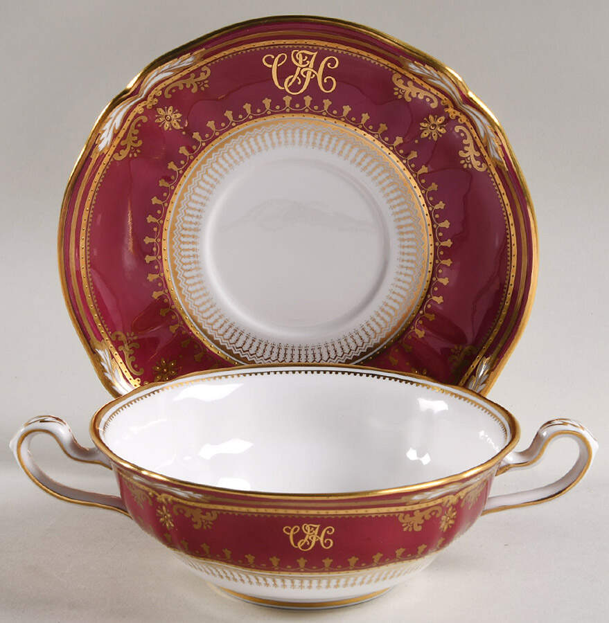 Lancaster Crimson Footed Cream Soup Bowl & Saucer Set by Spode-1