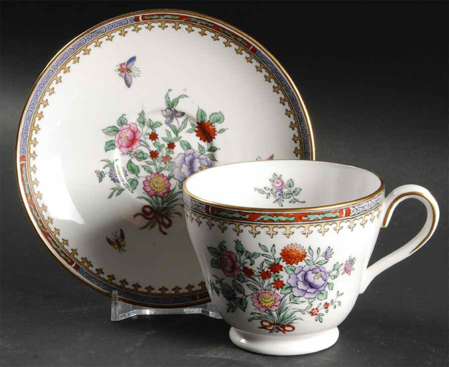 Lowestoft Flowers (Bone) Footed Cup & Saucer Set by Spode-1
