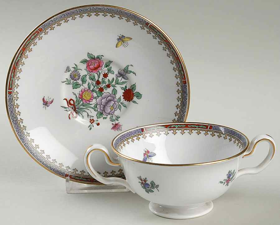 Lowestoft Flowers (Bone) Flat Bouillon Cup & Saucer by Spode-1