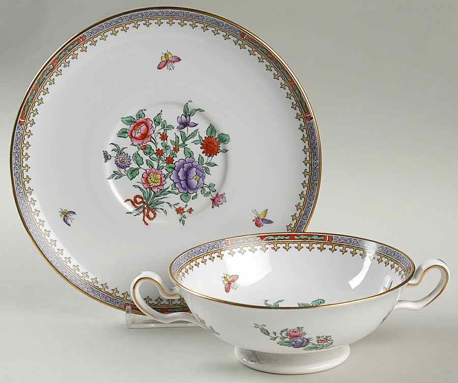 Lowestoft Flowers (Bone) Footed Cream Soup Bowl & Saucer Set by Spode-1