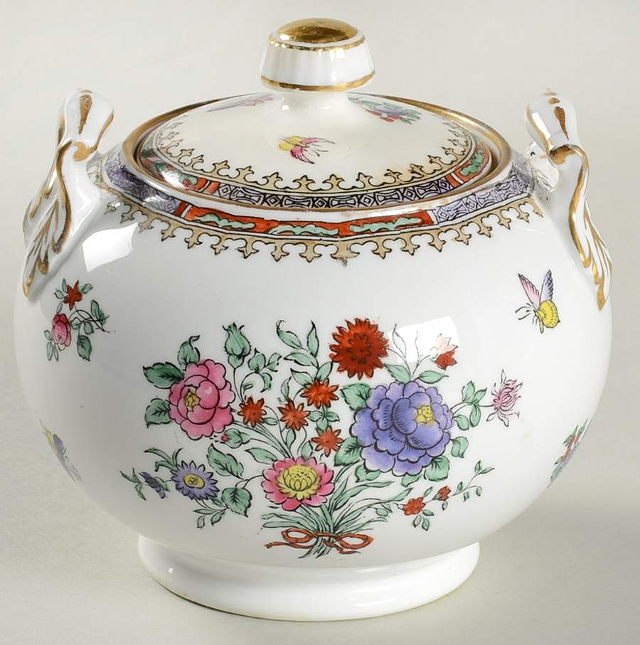 Lowestoft Flowers (Bone) Sugar Bowl & Lid by Spode-1