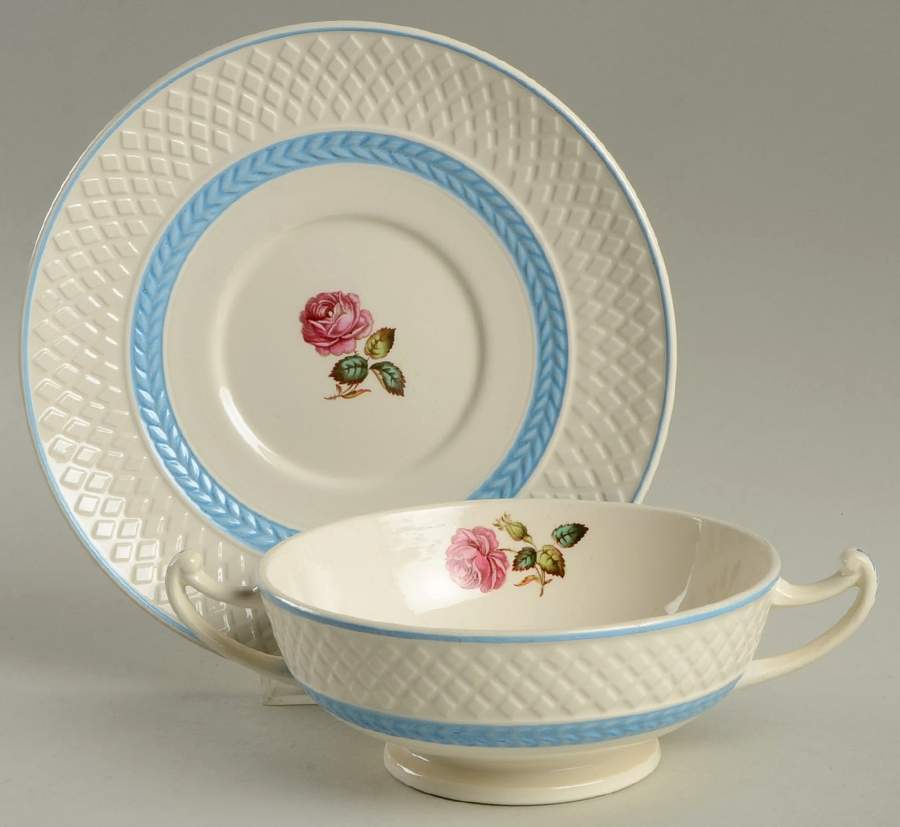 Mansard Rose Blue Laurel Band Footed Cream Soup Bowl & Saucer Set by Spode-1