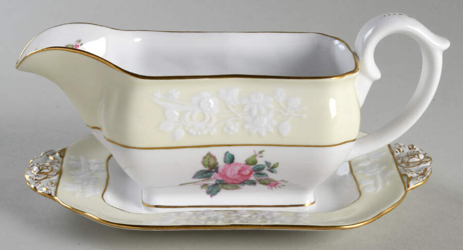 Maritime Rose Paleyellow Gravy Boat with Attached Underplate by Spode-1