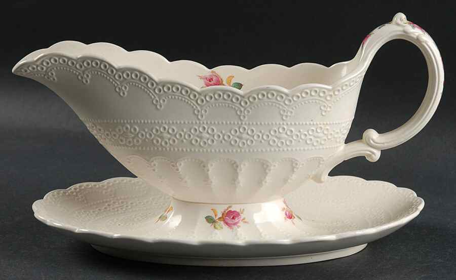 Moss Rose (Jewel Shape) Gravy Boat with Attached Underplate by Spode-1