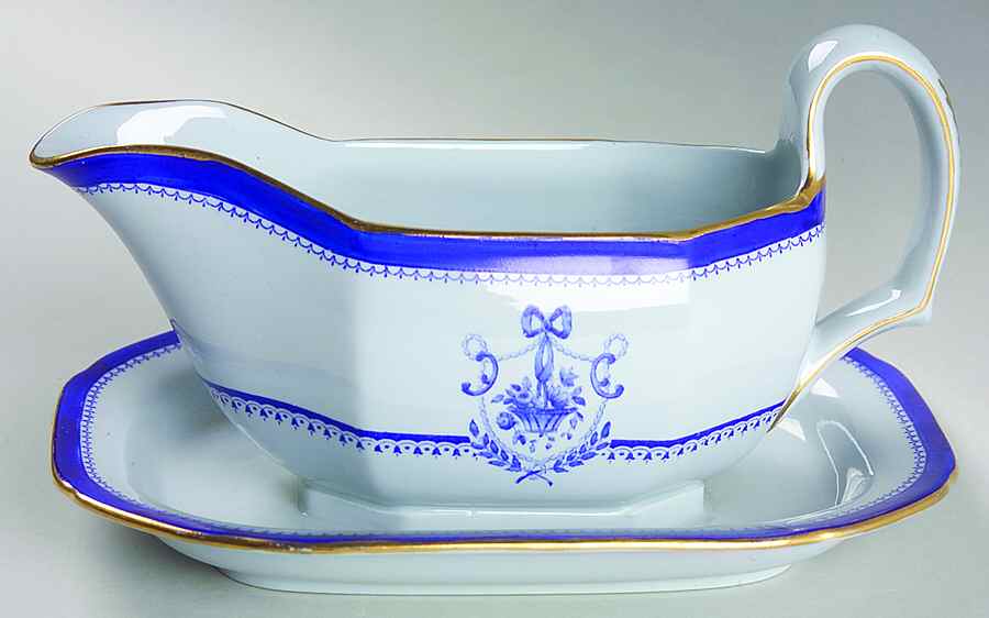 Newburyport Blue (Gold Trim) Gravy Boat with Attached Underplate by Spode-1