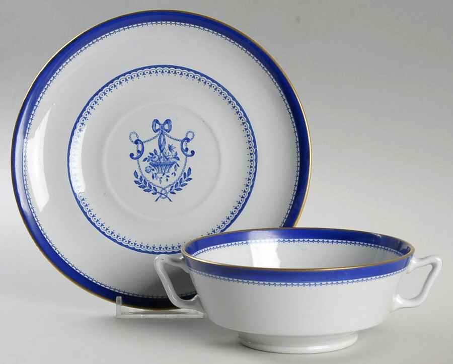 Newburyport Blue (Gold Trim) Footed Cream Soup Bowl & Saucer Set by Spode-1