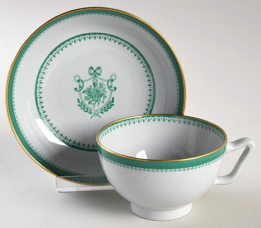Newburyport Green (Gold Trim, No Verge Line) Canton Shape Footed Cup & Saucer Set by Spode-1