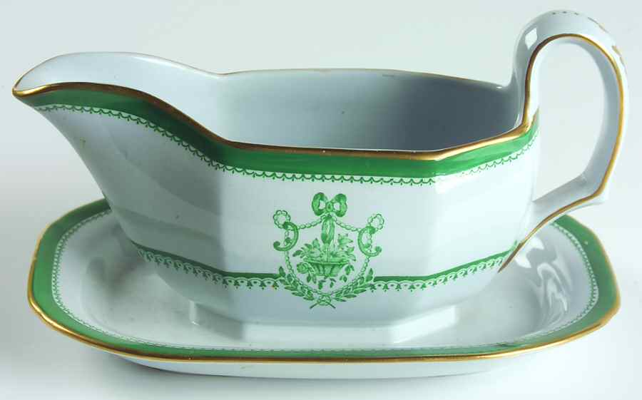 Newburyport Green (Gold Trim, No Verge Line) Gravy Boat with Attached Underplate by Spode-1