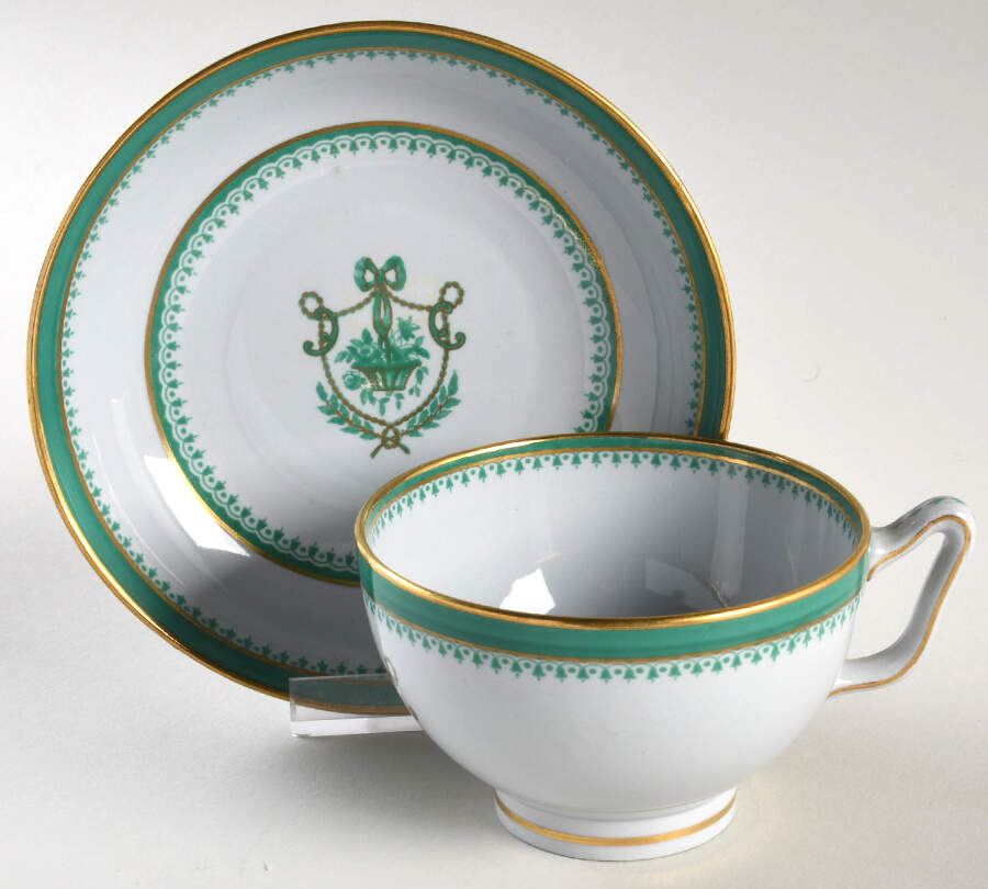Newburyport Green (Gold Trim and Verge) Canton Shape Footed Cup & Saucer Set by Spode-1