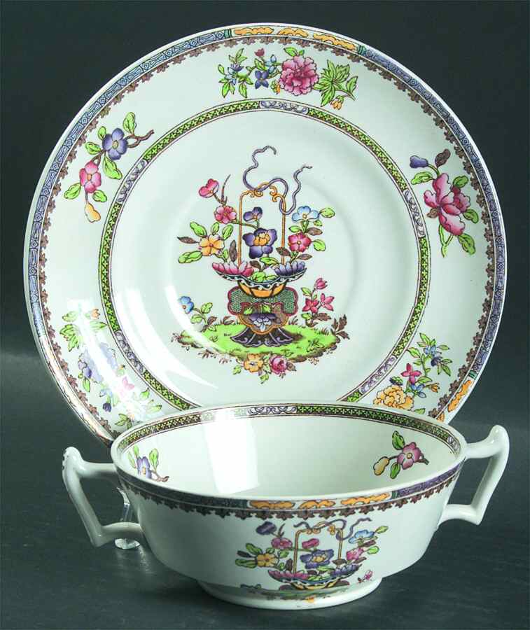 Old Bow (No Trim) Footed Cream Soup Bowl & Saucer Set by Spode-1