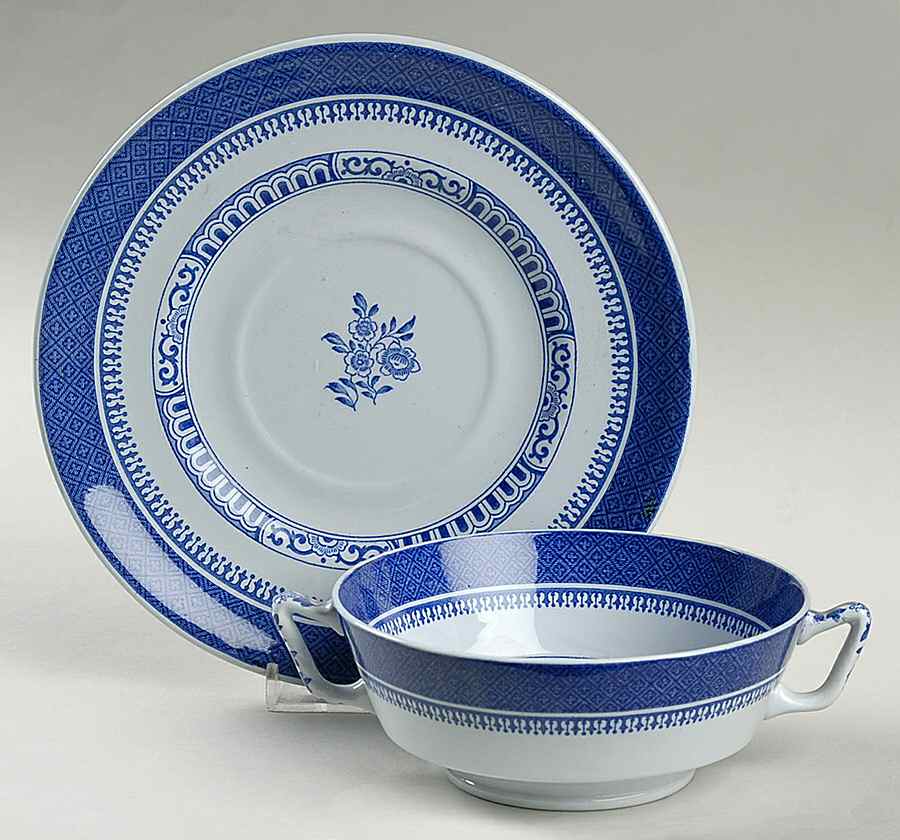 Old Bedford Blue Footed Cream Soup Bowl & Saucer Set by Spode-1