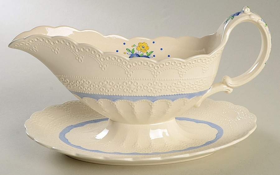 Old Concord Blue (Jewel) Gravy Boat with Attached Underplate by Spode-1