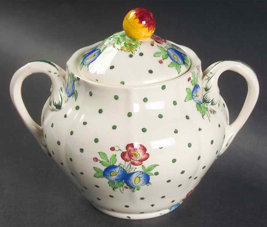 Old Concord Green Dots Sugar Bowl & Lid by Spode-1