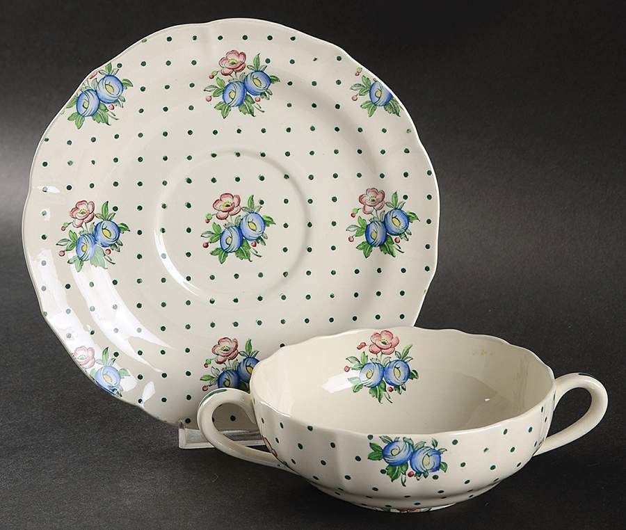 Old Concord Green Dots Flat Cream Soup Bowl & Saucer Set by Spode-1