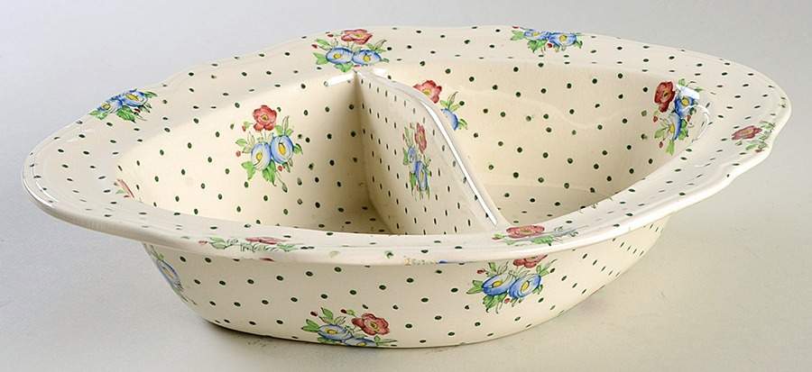 Old Concord Green Dots 11" Oval Divided Vegetable Bowl by Spode-1