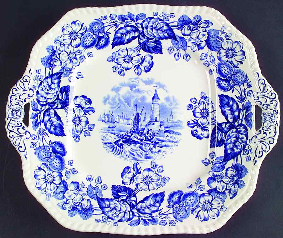 Old Salem Blue Square Handled Cake Plate by Spode-1