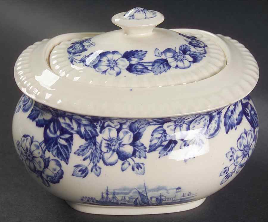 Old Salem Blue Sugar Bowl & Lid by Spode-1