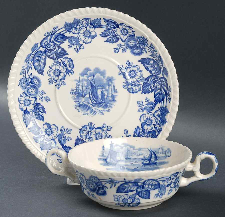 Old Salem Blue Flat Cream Soup Bowl & Saucer Set by Spode-1
