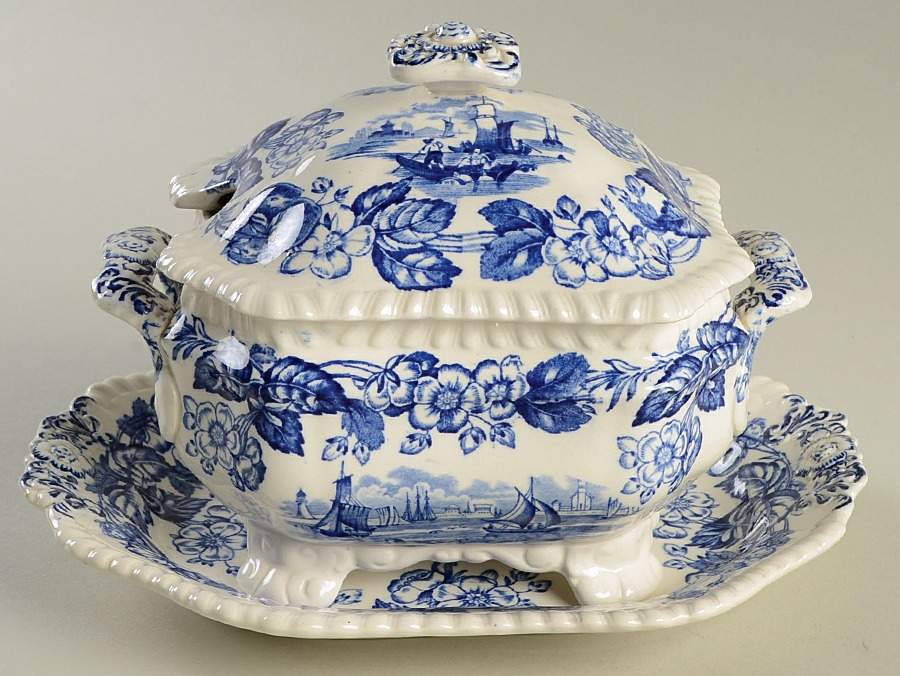 Old Salem Blue Sauce Boat & Lid with Underplate by Spode-1