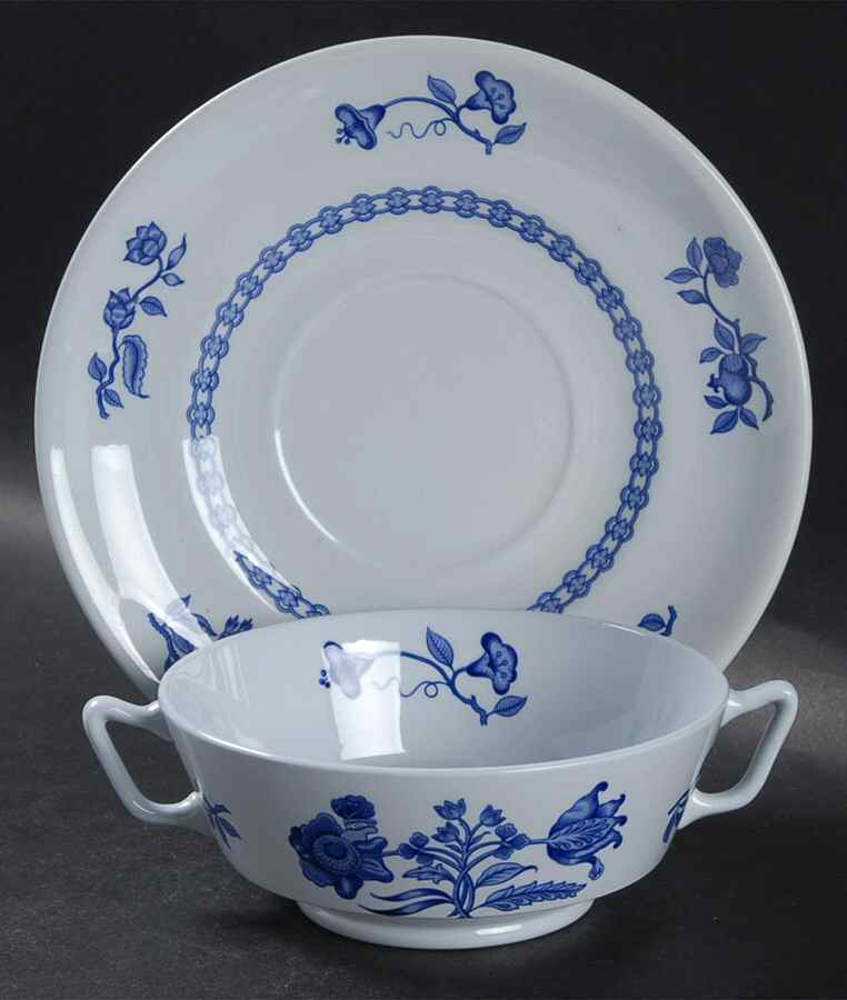Palace Garden Blue Footed Cream Soup Bowl & Saucer Set by Spode-1