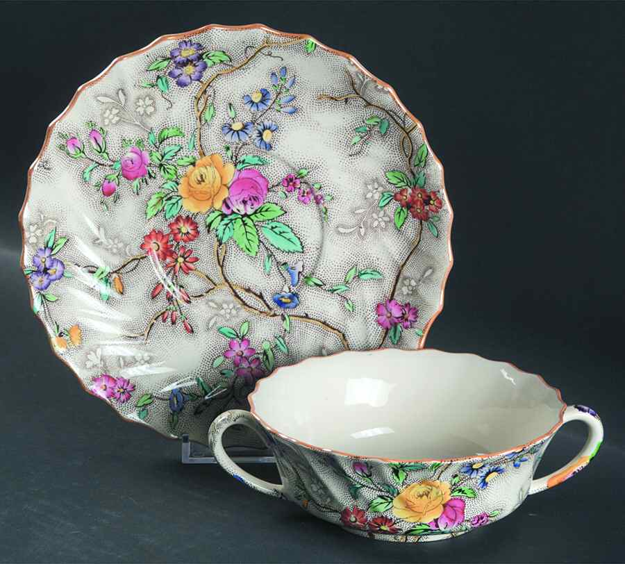 Patricia (Yellow Trim) Flat Cream Soup Bowl & Saucer Set by Spode-1