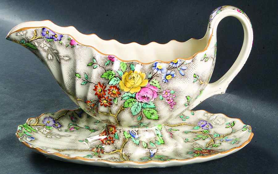 Patricia (Yellow Trim) Gravy Boat with Attached Underplate by Spode-1