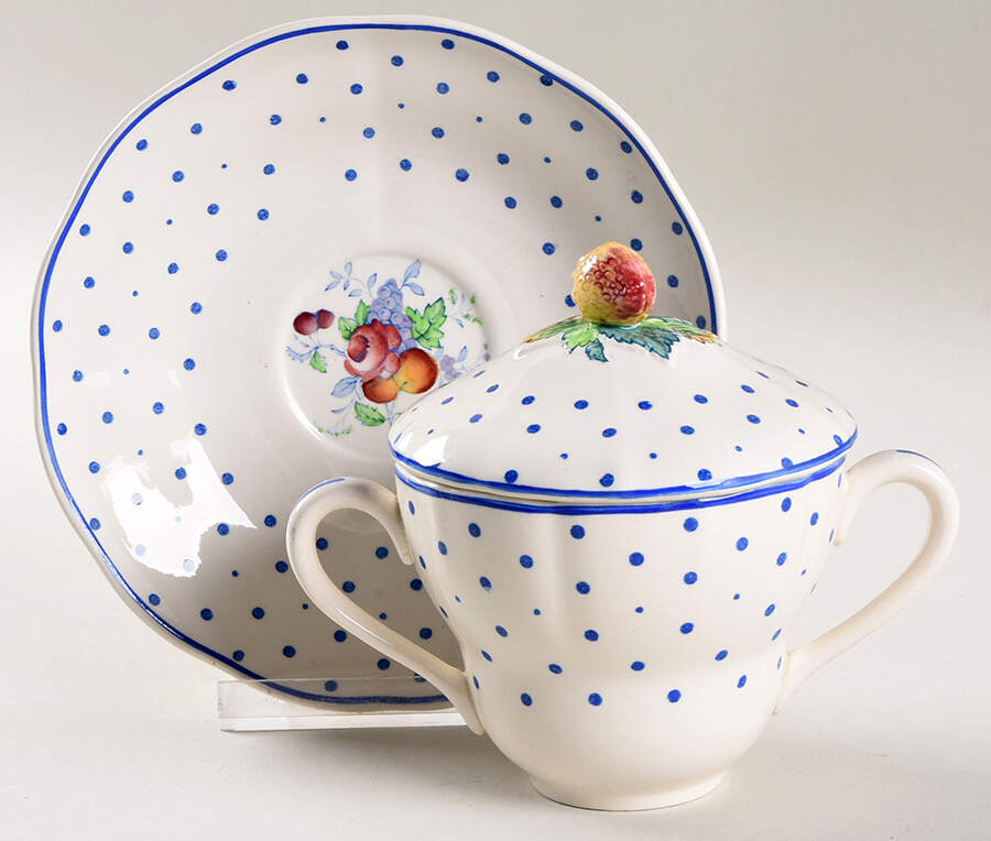 Polka Dot Blue Flat Bouillon Cup and Saucer with Lid by Spode-1