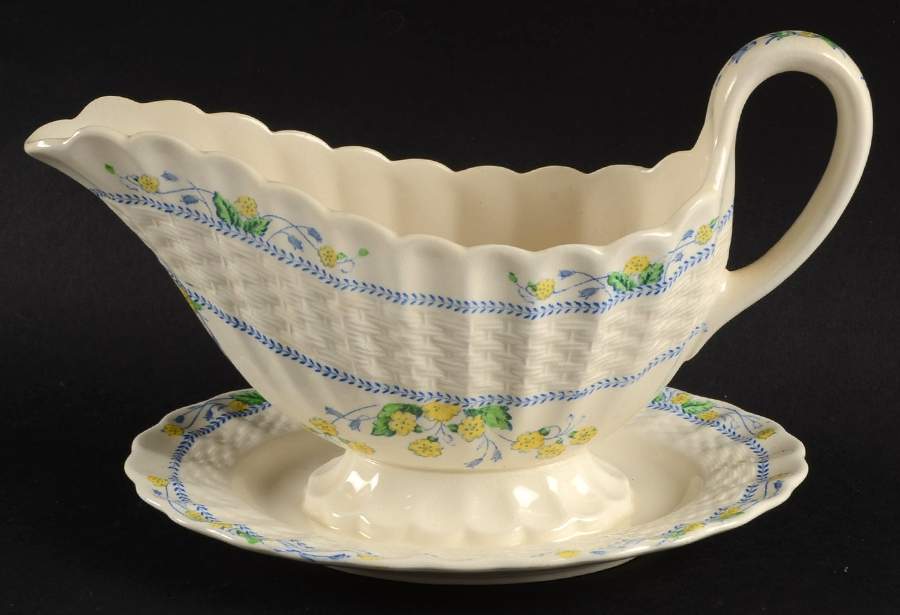 Primrose Blue and Yellow Gravy Boat with Attached Underplate by Spode-1
