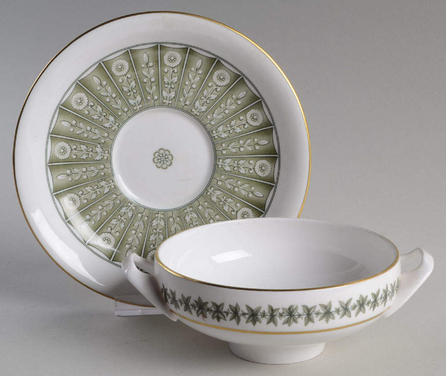 Provence (YC843, Green Leaves) Flat Cream Soup Bowl & Saucer Set by Spode-1