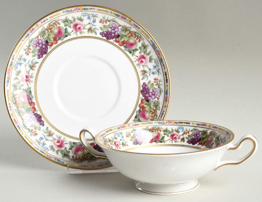 Provence (F1782-V, Y8599-U, Fruit Rim) Footed Cream Soup Bowl & Saucer Set by Spode-1