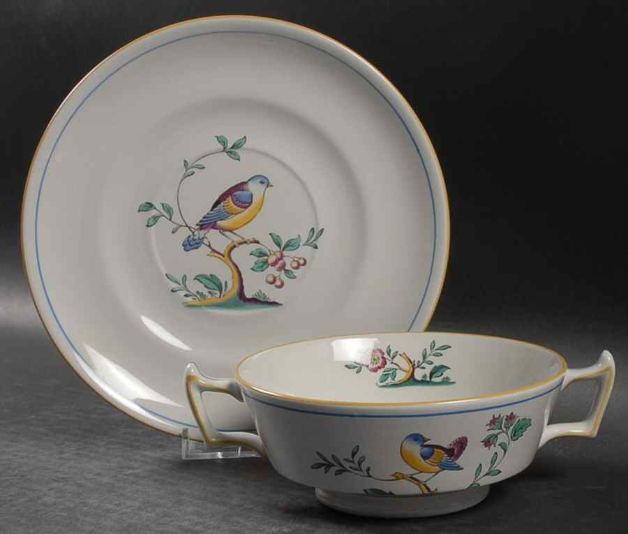 Queen's Bird (Imperial Ware, Cream Body) Footed Cream Soup Bowl & Saucer Set by Spode-1