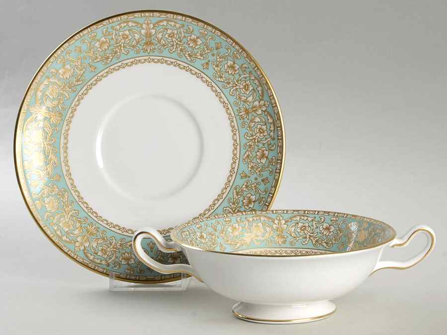 Renaissance Green Footed Cream Soup Bowl & Saucer Set by Spode-1
