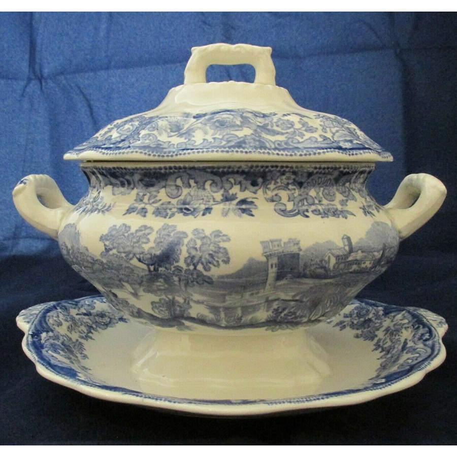 Rhine Blue (Scalloped) Sauce Boat with Attached Underplate by Spode-1
