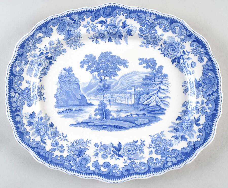 Rhine Blue (Scalloped) 13" Oval Serving Platter by Spode-1