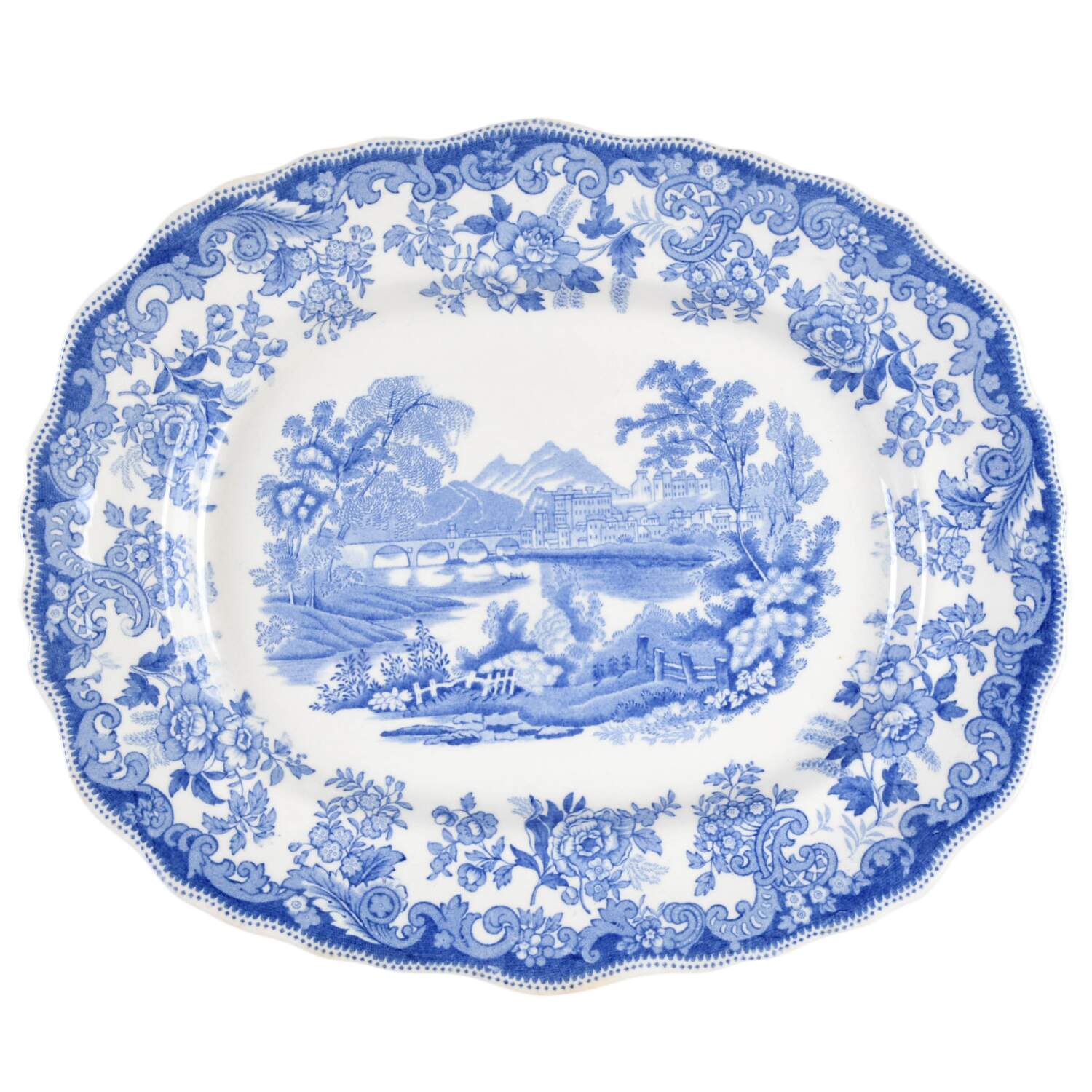 Rhine Blue (Scalloped) 10" Oval Serving Platter by Spode-1