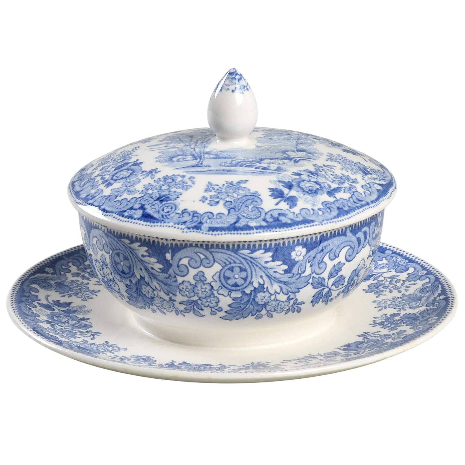 Rhine Blue (Scalloped) Mayonnaise with Attached Underplate & Lid by Spode-1