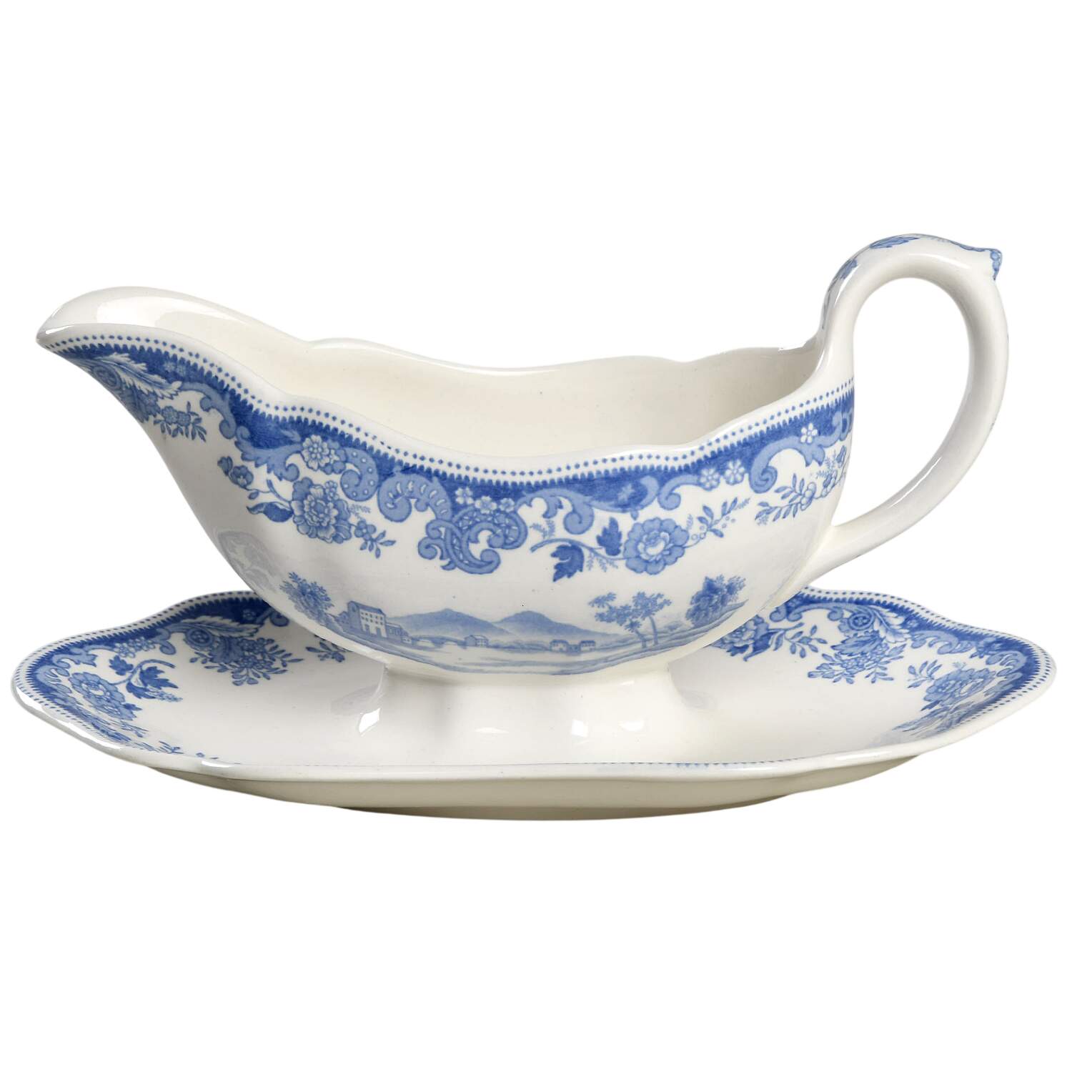 Rhine Blue (Scalloped) Gravy Boat with Attached Underplate by Spode-1