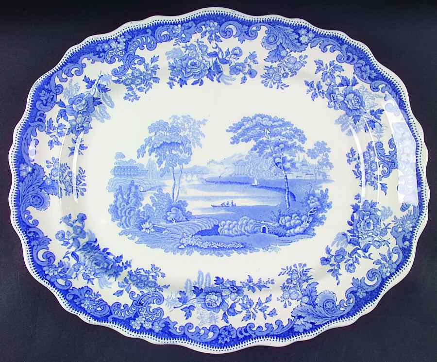 Rhine Blue (Scalloped) 15" Oval Serving Platter by Spode-1